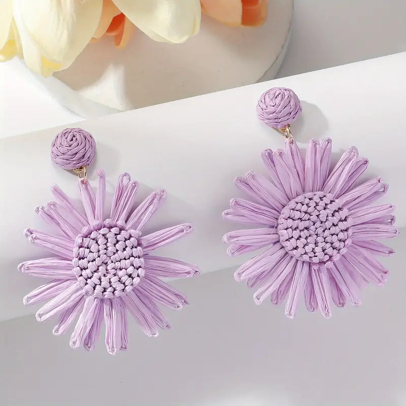 Hand-woven Raffia Sun Flower Dangle Earrings xin1quzhou1祛皱精华