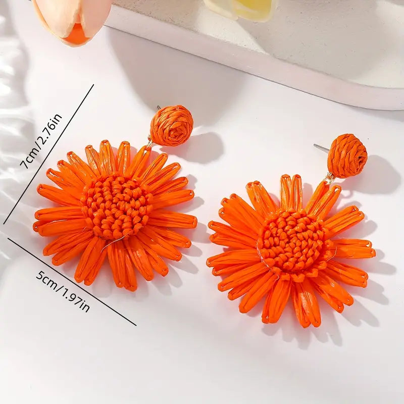 Hand-woven Raffia Sun Flower Dangle Earrings xin1quzhou1祛皱精华