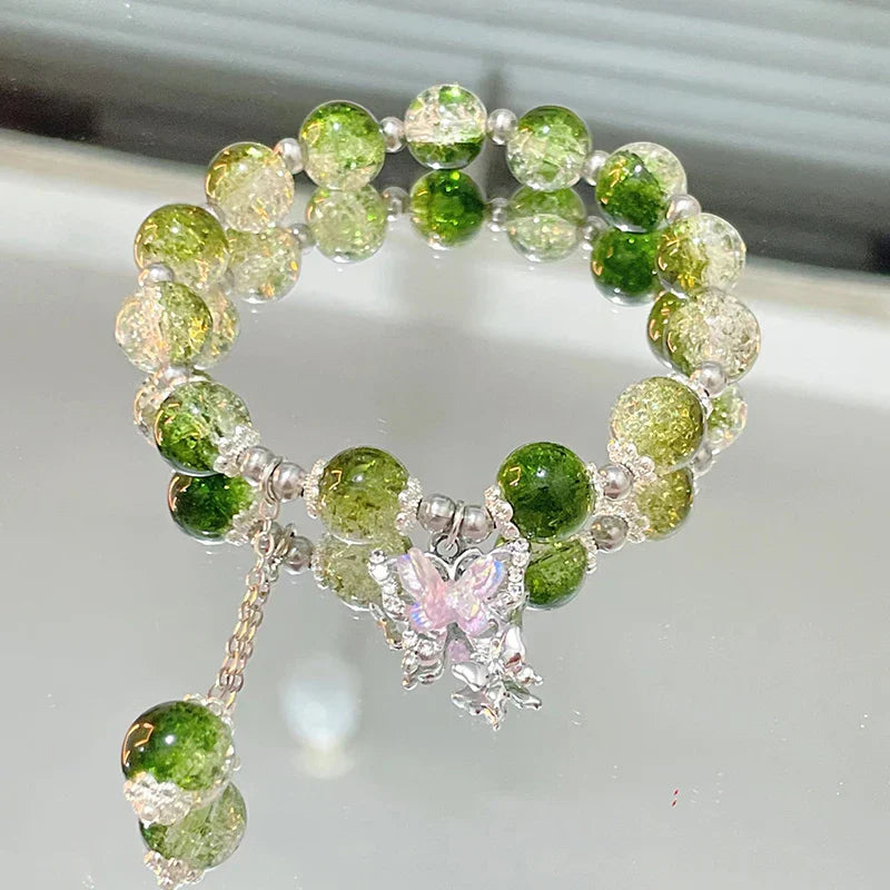 Simple Green Popcorn Beaded Crystal Bracelet for Women 紫牙粉