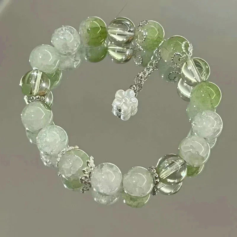 Simple Green Popcorn Beaded Crystal Bracelet for Women 紫牙粉