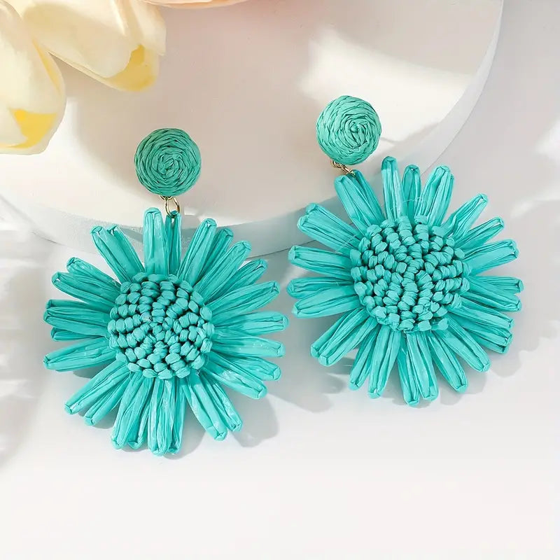 Hand-woven Raffia Sun Flower Dangle Earrings xin1quzhou1祛皱精华