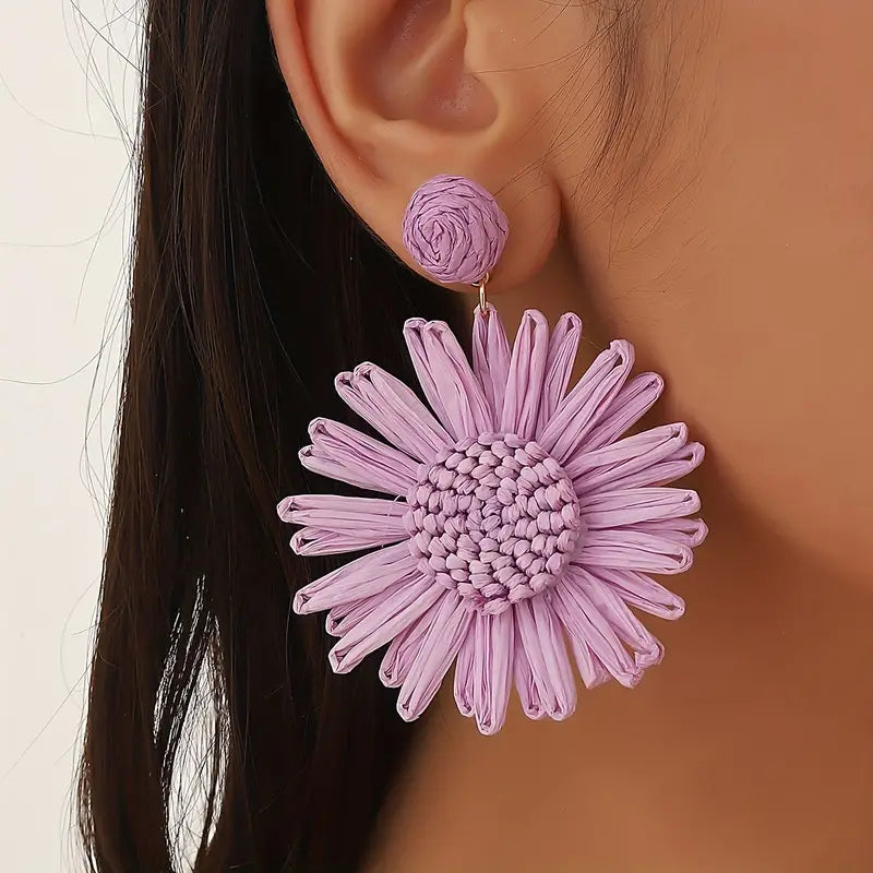 Hand-woven Raffia Sun Flower Dangle Earrings xin1quzhou1祛皱精华