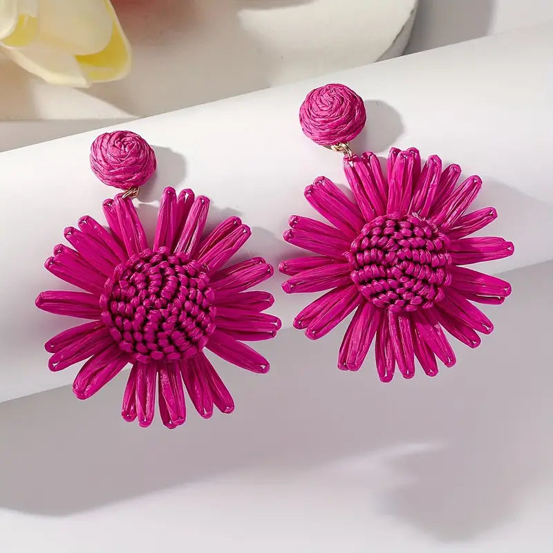 Hand-woven Raffia Sun Flower Dangle Earrings xin1quzhou1祛皱精华
