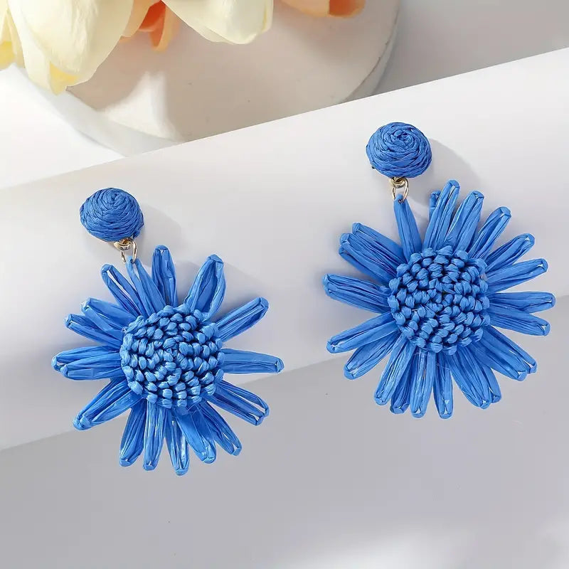Hand-woven Raffia Sun Flower Dangle Earrings xin1quzhou1祛皱精华