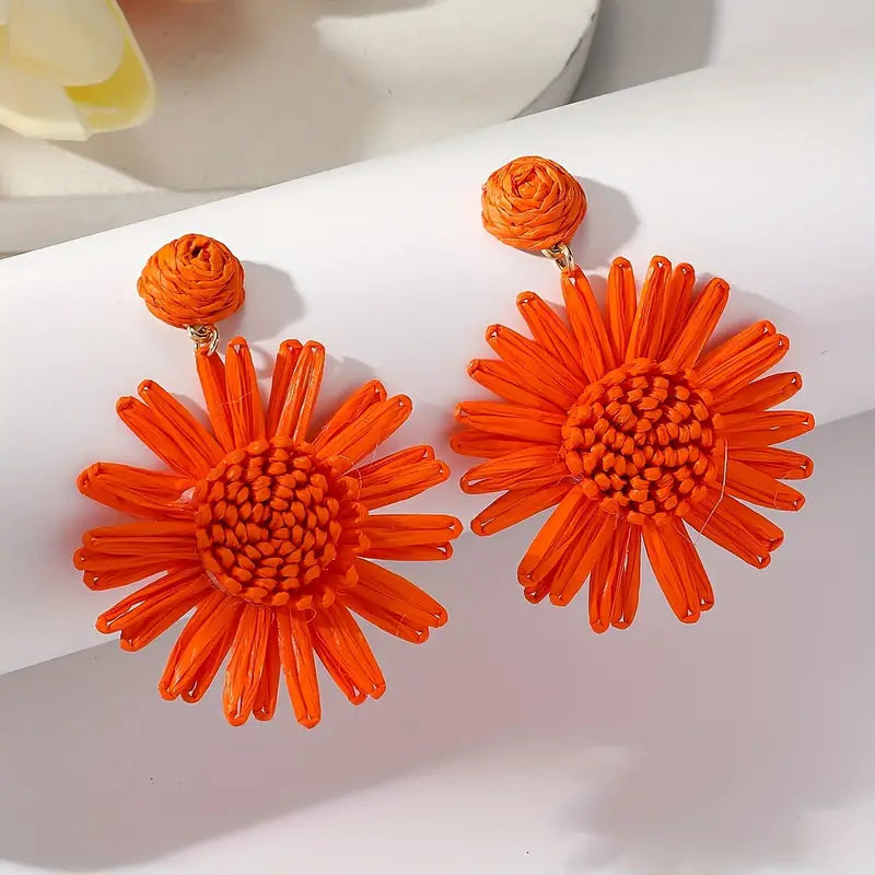 Hand-woven Raffia Sun Flower Dangle Earrings xin1quzhou1祛皱精华